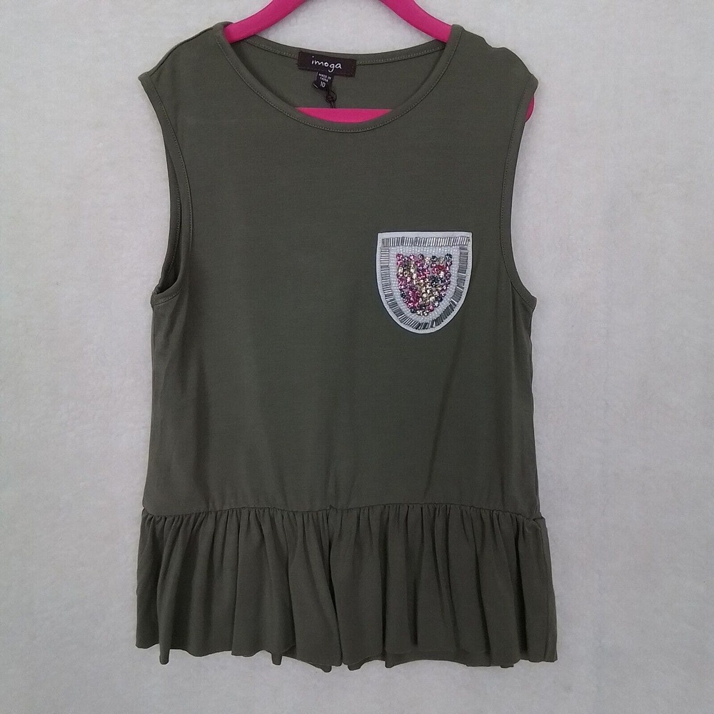 Imoga Girls‎ Charlize Peplum Tank Top Sz 10 Sage Green Jewel Rhinestone Pocket